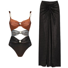 V-Neck Ruched Cut-Out Halter One-Piece Swimsuit and Maxi Skirt Set