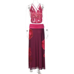 Deep V-Neck Cowl Neck Top and Floral Print Maxi Skirt Set