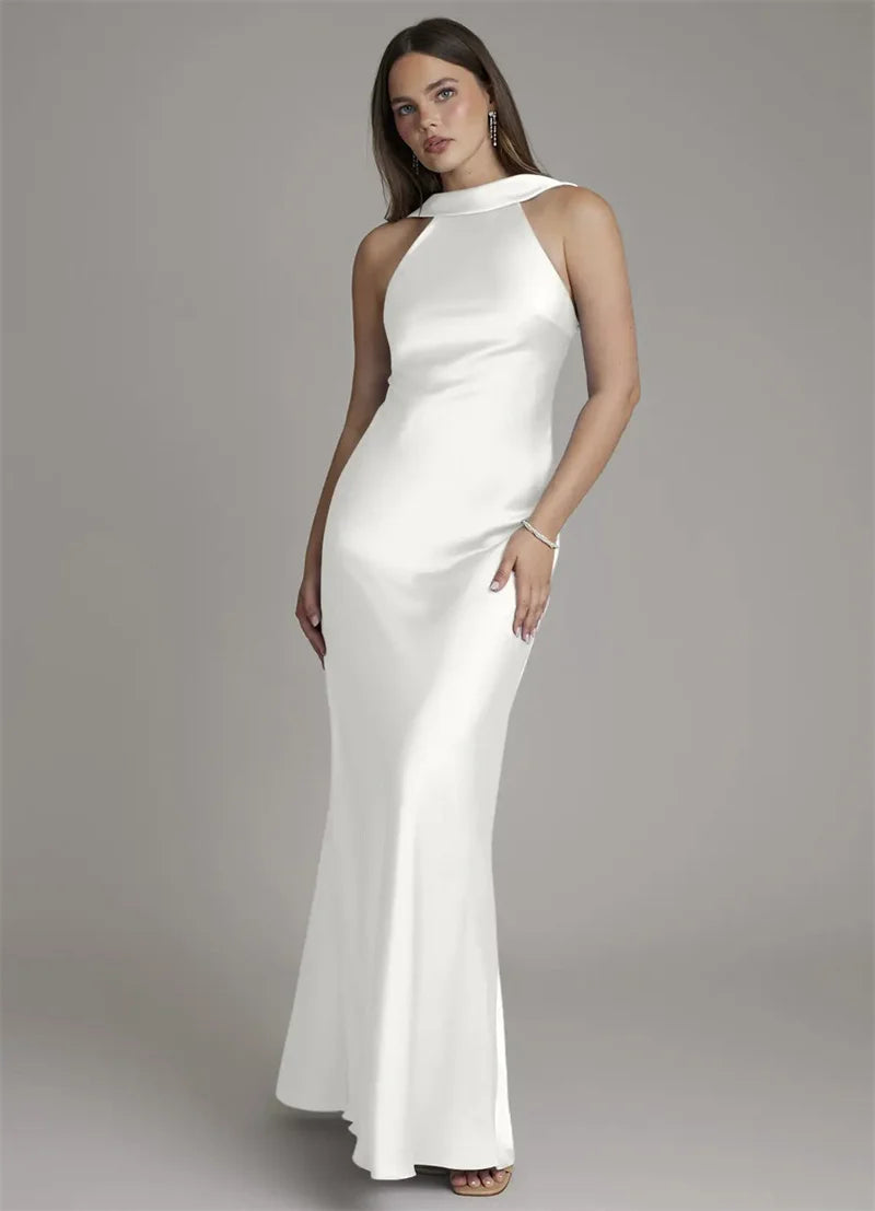 White halter neck sleeveless satin maxi gown