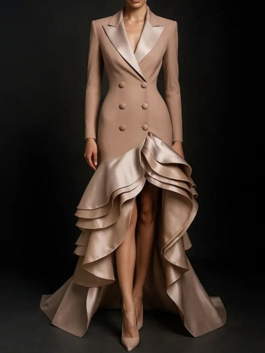 Lapel collar ruffled dress on model