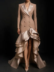 Lapel collar ruffled dress on model