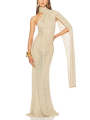 Beige halter neck dress with cape sleeve