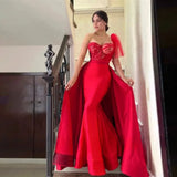 Red Detachable Train One Shoulder Lace Prom Gown