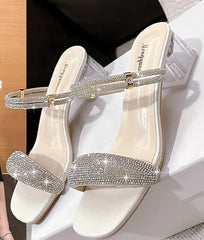 Thick Middle Heel Rhinestone Square Toe Sandals