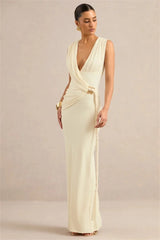 Draped Sleeveless With Gold Accessory Maxi Dress