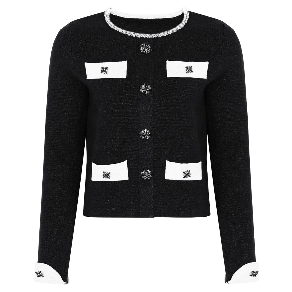 Black knit cardigan with jeweled buttons and contrasting trim