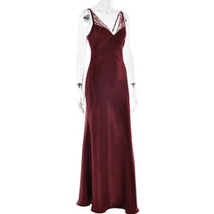 Spaghetti Strap V-Neck Lace Trim Satin Maxi Dress
