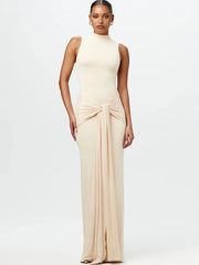 Mock neck sleeveless maxi dress with front knot detail in cream