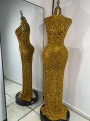 Gold shimmer rhinestone mesh maxi dress