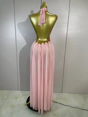 Gold Trim Halter Neck Maxi Dress