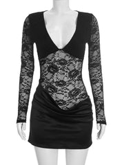 Sheer Lace V-Neck Long Sleeve Mini Dress