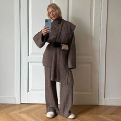 Cabel Knit Turtleneck Long Sleeve Top And High Waist Trousers Set