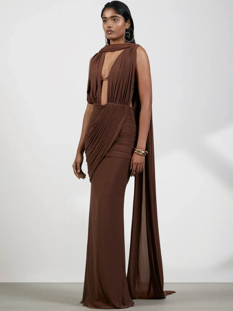 Brown draped halter neck folds gown, detail view