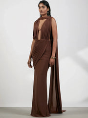 Brown draped halter neck folds gown, detail view