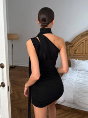 Black Cutout Ruched Neck Mounted Mini Dress