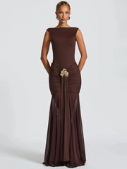 Brown evening gown with a gold belt on a white background