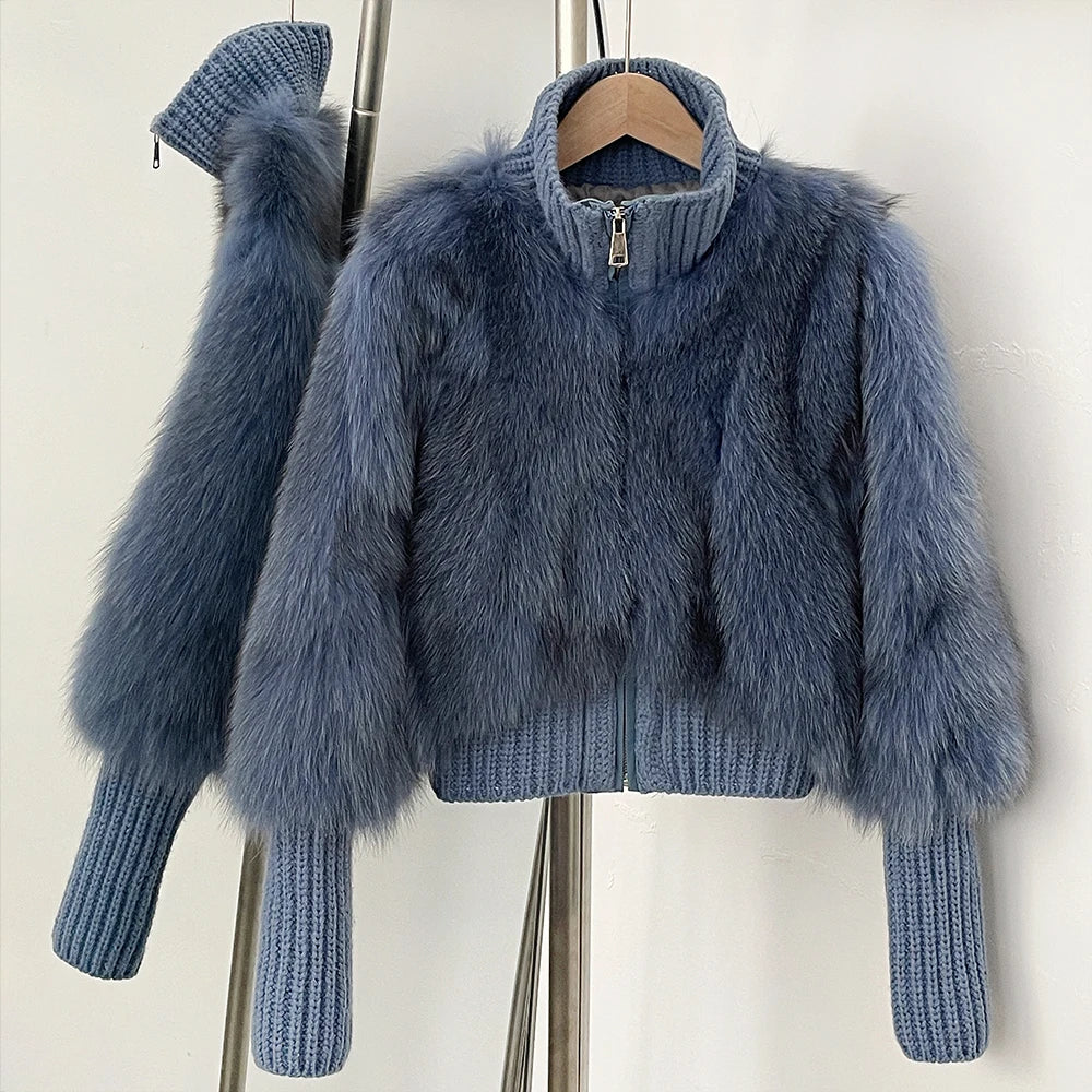 midnight blue faux fur knit jacket women