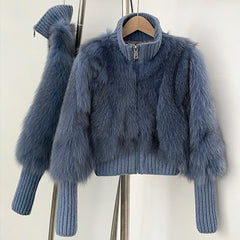 midnight blue faux fur knit jacket women