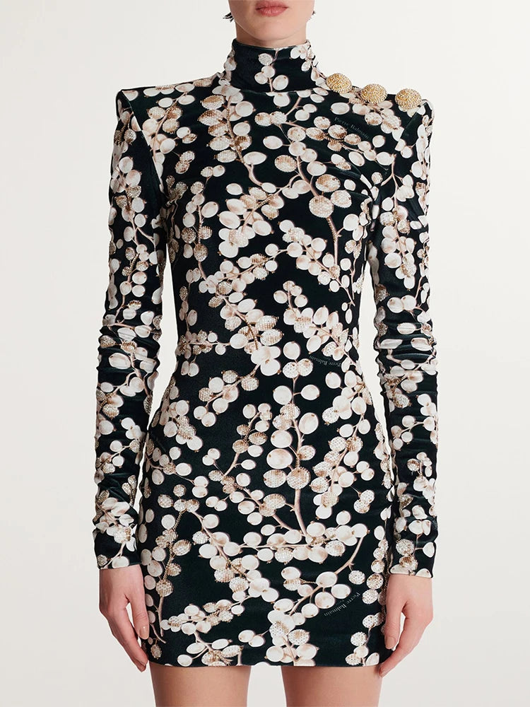 Velvet Beaded Berry Print Mock Neck Dress worn by a model