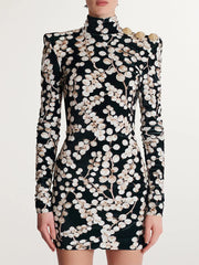 Velvet Beaded Berry Print Mock Neck Dress worn by a model