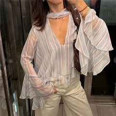 Striped V neck Flare Sleeve Top