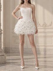 White strapless feather flower mini dress