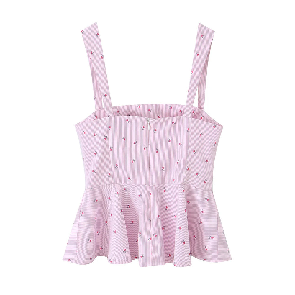 Pink striped floral peplum camisole top back view with zipper