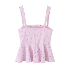 Pink striped floral peplum camisole top back view with zipper