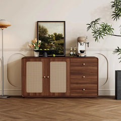 Walnut wood sideboard with rattan doors styled in a modern living room corner

