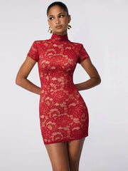 Lace Short Sleeve Turtleneck Bodycon Mini Dress