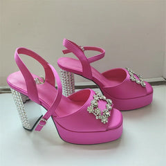 Satin Platform Crystal Embellishment Block Heels