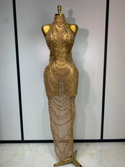 Chain embellished halter gown with gold beads