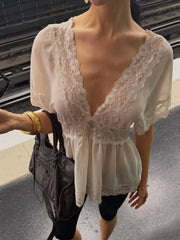 White Sheer Lace V-Neck Short Sleeve Top
