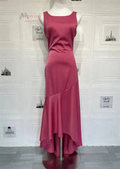 Satin Backless Asymmetrical Hem Maxi Dress