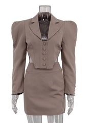 Turn-down Collar Khaki Long Sleeve Blazer Mini Skirt Suit