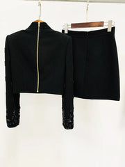 Embellished Stand Collar Cropped Jacket and Mini Skirt Set