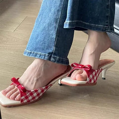 Bow Gingham Pattern Low Heels Shoes