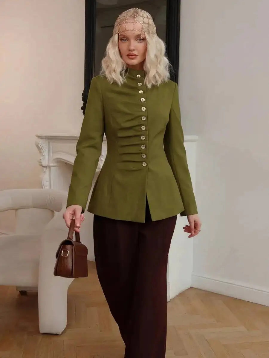 Green ruched mandarin collar blazer