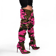 Side profile of camouflage thigh high boots