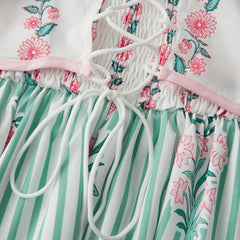 Floral Print Striped Maxi Dress with Square Neck and Tie Shoulders