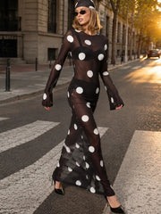 Black Long Sleeve Polka Dot Mesh Maxi Dress