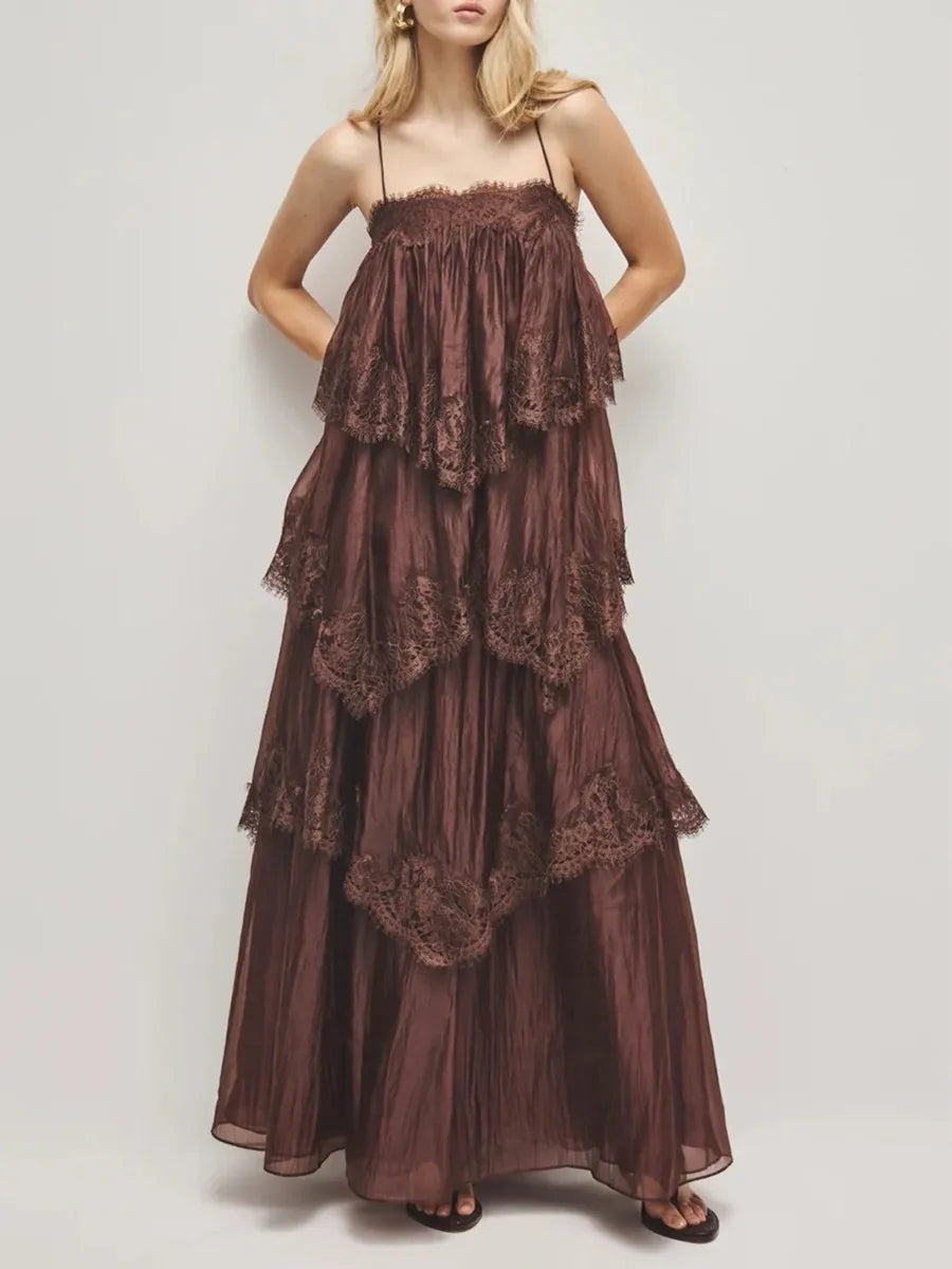 Ruffled Lace Maxi Dress with spaghetti straps
