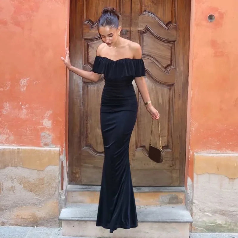 Bardot neck floor length dress with ruched waist detail