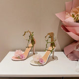 Pink Pastoral Chiffon Flower High Heel Straight Vine Strap Shoes