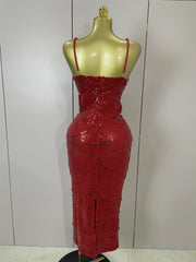Pearl Beaded Sequins Spaghetti Strap Bodycon Long Dress