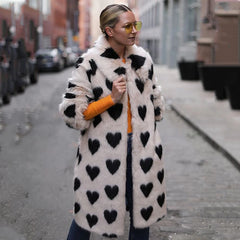 Love Heart Pattern Faux Fur Long Jacket