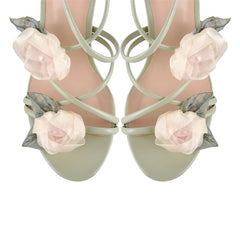 Sage green floral lace-up stiletto sandals, front view
