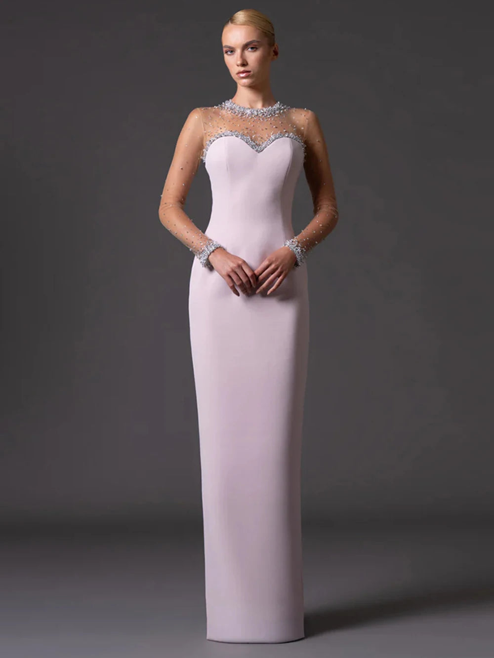 Beaded mesh illusion neckline column gown, front view