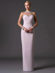 Beaded mesh illusion neckline column gown, front view