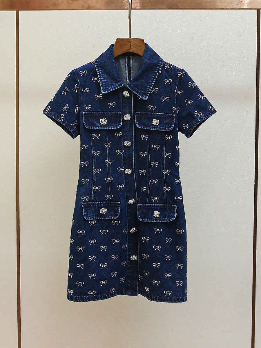 Short-sleeve denim-inspired dress styled for casual outings